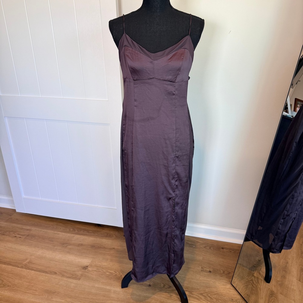 Intimately Free People City Cool Brown Satin Mesh Panel Midi Slip Dress Large